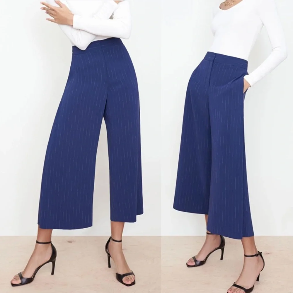 M.M. Lafleur The Zhou Culotte Navy Blue Striped Wide Leg Pants S (4) - Picture 1 of 12